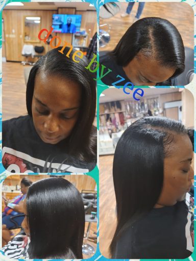 Hair styling showcase with polished, straight hair from multiple angles.