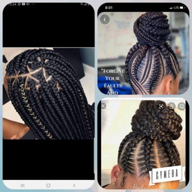 Three styles of braided hairstyles featuring intricate patterns and decorative beads.